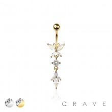 316L SURGICAL STEEL BUTTERFLY MARQUISE AND ROUND CUT CUBIC ZIRCONIA DANGLE BELLY BUTTON NAVEL RING 
